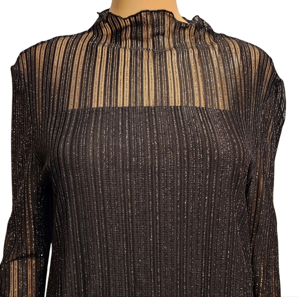 Semi Sheer Black Shimmery Mock Neck Blouse Size L - Picture 2 of 11